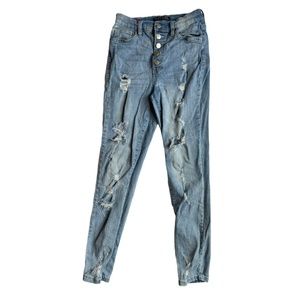 Distressed Skinny Jeans 5 High Rise Hot Kiss Button Fly Y2K Light Wash Holes